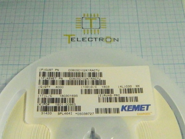  Конденсатор керамический 1000пФ ±10%, 50В, SMD 0805, C0805C102K5RACTU 