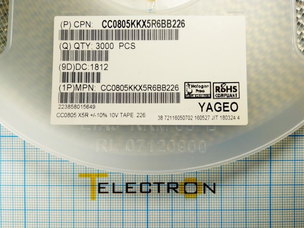  Конденсатор керамический  22мкФ, 10%, 10В, SMD 0805, CC0805KKX5R6BB226 