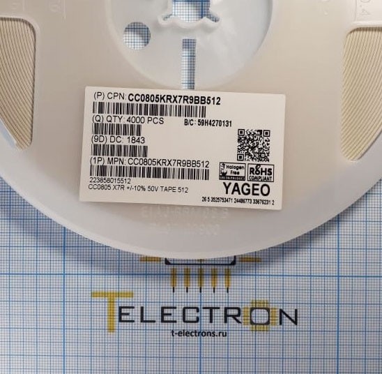  Конденсатор керамический 5100 пФ, 10%, 50В, SMD 0805, CC0805KRX7R9BB512 
