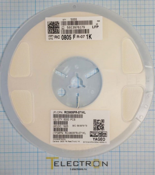  Резистор 1 кОм, 125 мВт, 1%, SMD 0805, RC0805FR-071KL 