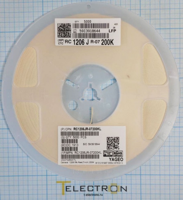  Резистор 200 кОм, 0.25Вт, 5%, SMD 1206, RC1206JR-07200KL 