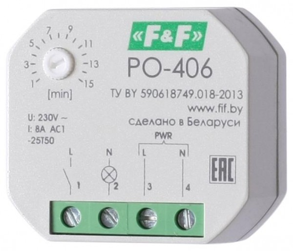  Реле времени PO-406 (задержка выкл. /управ. контактом 230В 8А 1НО IP20 монтаж в коробку d-60мм) F&F EA02.001.019 