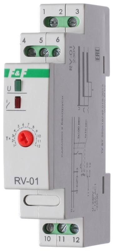  Реле времени RV-01 (задержка вкл. (1..120сек) 230В 16А 1перекл. IP20 монтаж на DIN-рейке) F&F EA02.001.007 