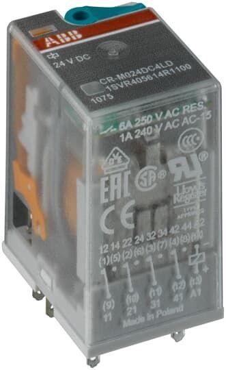  Реле CR-M024DC4LDG 24В DC 4ПК (6А) СИД индикация позолоченные контакты и ограничительный диод ABB 1SVR405618R1400 
