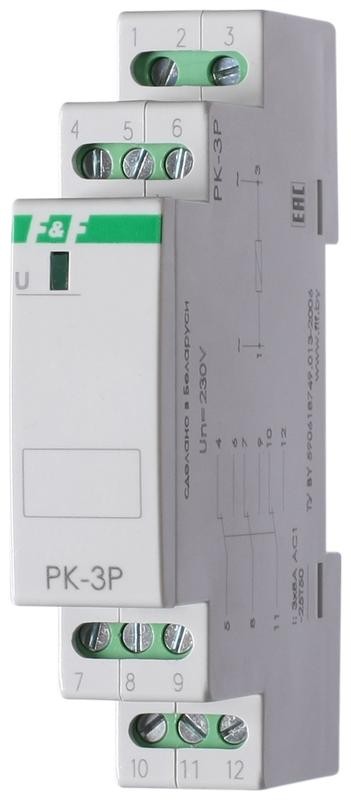  Реле промежуточное PK-3P/Un (монтаж на DIN-рейке 35мм 12В AC/DC 3х8А 3P IP20) F&F EA06.001.010 