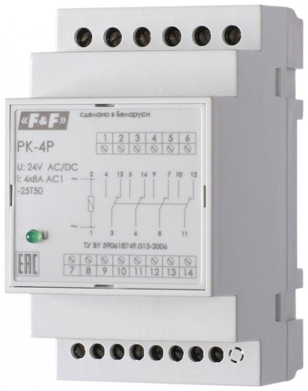  Реле промежуточное PK-4P/Un (монтаж на DIN-рейке 35мм 110В 50Гц 4х8А 4 перекл.) F&F EA06.001.013 