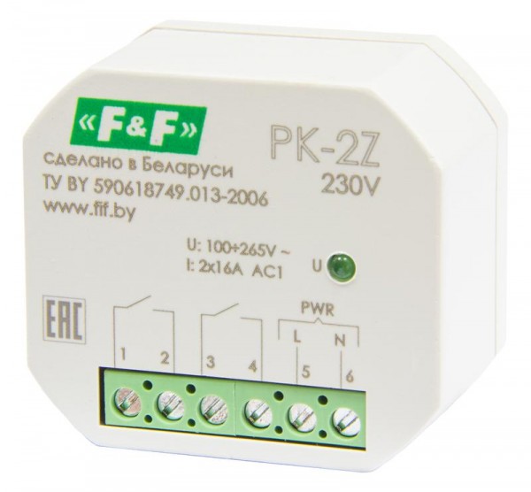  Реле промежуточное PK-2Z-230 100-265В AC/DC 16А 2NO/NC для установки в монтаж. коробку d=60мм IP20 F&F EA06.001.049 