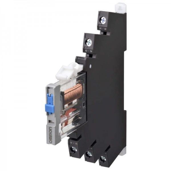  Реле G2RVSR701ACDC24BYOMB 6мм винт. клеммы с тестовой кнопкой 24В AC/DC 6А черн. Omron 678016 