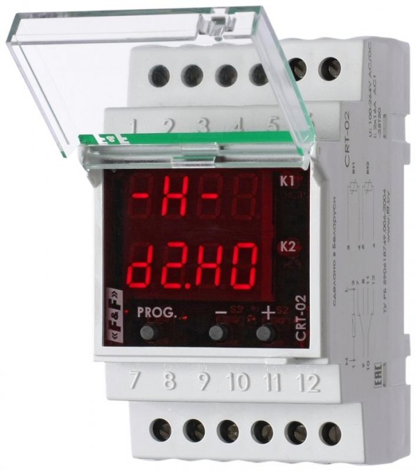  Регулятор температуры CRT-02 (2-канал.; диапазон температур от -40 до +140град.C; многофункц.; цифровая индикация; выносные датчики с термоус. проводом; 3 модуля; монтаж на DIN-рейке; 100-264В AC/DC 2х16А 2NO/NC IP20) F&F EA07.001.015 