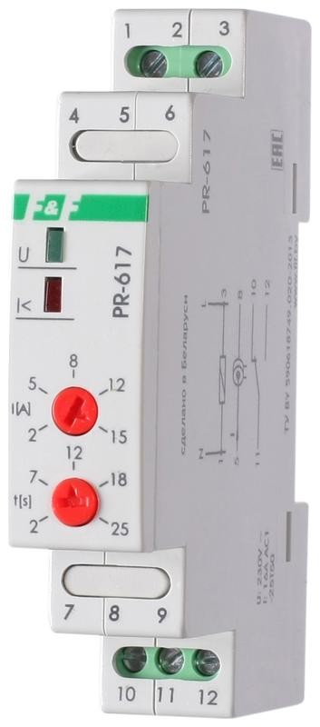  Реле тока PR-617 (диапазон 2-15А; с задержкой отключения; сквозной канал; монтаж на DIN-рейке 35мм 230В 16А 1Z IP20) F&F EA05.001.001 