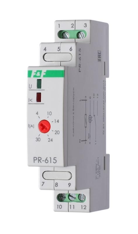  Реле тока PR-615 (4-30А сквозной канал монтаж на DIN-рейке 35мм 230В AC 16А 1НО IP20) F&F EA03.003.006 