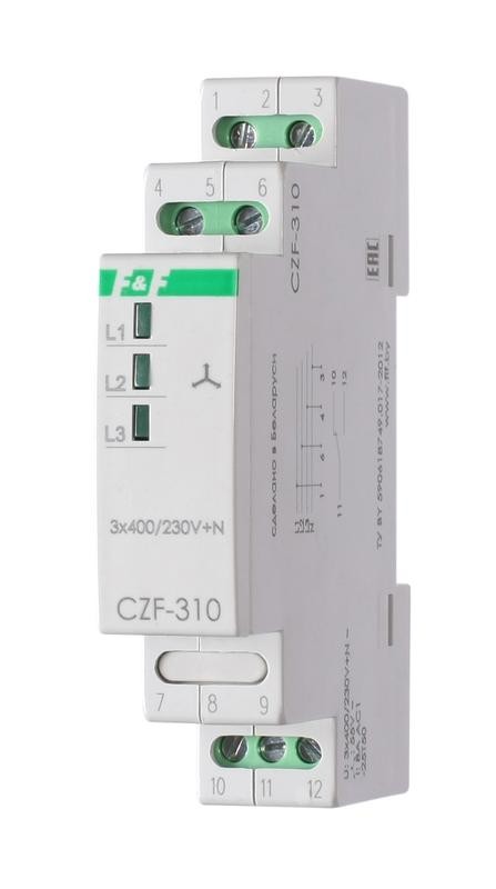  Реле контроля фаз CZF-310 (1 модуль; монтаж на DIN-рейке; 3х400/230+N 8А 1NO/NC IP20) F&F EA04.001.005 