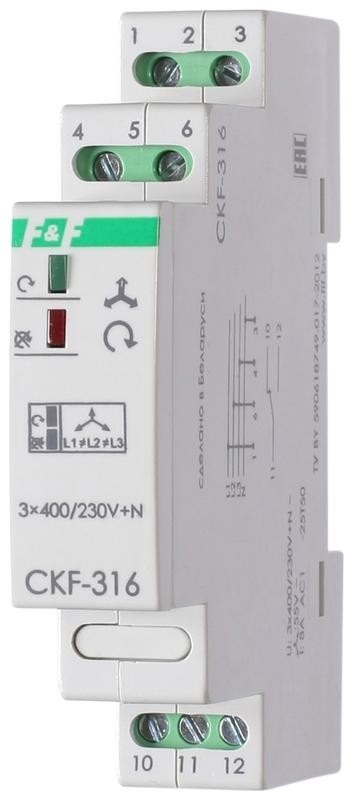  Реле контроля наличия и чередования фаз CKF-316 (монтаж на DIN-рейке 35мм 3х400/230+N 8А 1P IP20) F&F EA04.002.005 