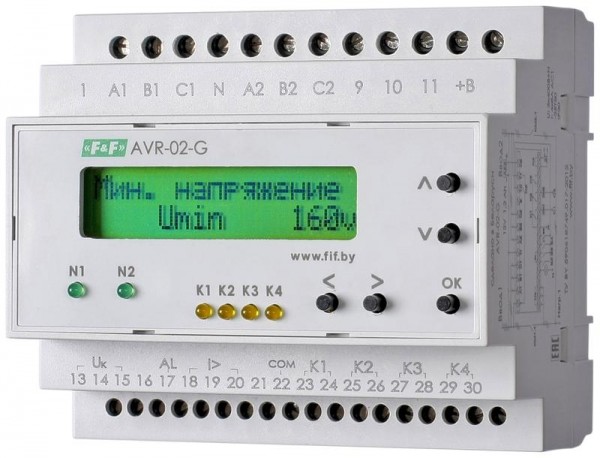  Устройство управления резервным питанием AVR-02-G (2 ввода однофункц. (для работы с генератором) ЖКИ индикатор 35мм 3х400В+N 5х8А 5P IP20 монтаж на DIN-рейке) F&F EA04.006.005 