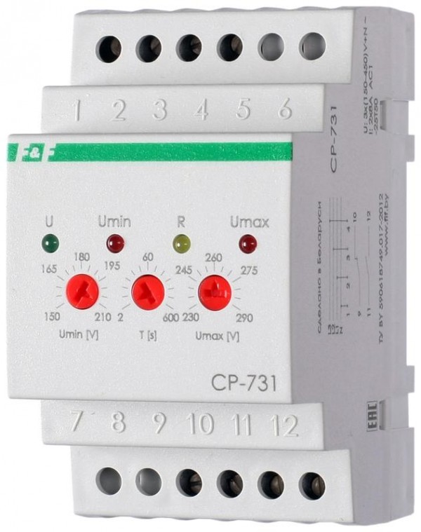  Реле напряжения CP-731 (трехфазный; микропроцессорный; контроль верхнего и нижнего значений напряжения; контроль асимметрии; чередования фаз; монтаж на DIN-рейке 35мм 3х400/230+N 2х8А 1Z 1R IP20) F&F EA04.009.005 