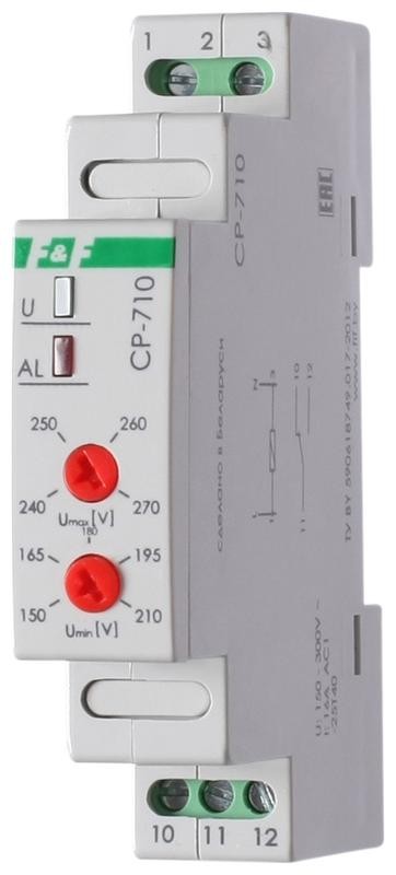  Реле напряжения CP-710 (однофазный; контроль верхнего и нижнего значений напряжения; монтаж на DIN-рейке 35мм; 230В 16А 1P IP20) F&F EA04.009.001 