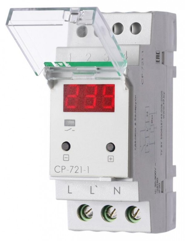  Реле напряжения CP-721-1 (однофазное; цифровая индикация; напряжение питания 50-450В контакт 1NO 63А встроен. таймер регистрация аварий в памяти индикация текущего напряжения) (аналог УЗМ) F&F EA04.009.013 