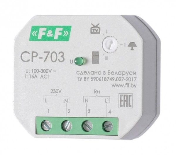  Реле напряжения CP-703 (однофазный; контроль верхнего и нижнего значений напряжения установка в монтажную коробку d60мм; 150-300В 16А 1NO IP20) F&F EA04.009.011 
