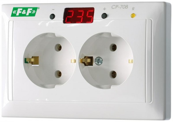  Реле напряжения CP-708 (однофазный; микропроцессорный; цифровая индикация напряжения; розеточный тип корпуса; для установки в монтажную коробку d60мм 100-300В 10А 1Z IP20) F&F EA04.009.008 