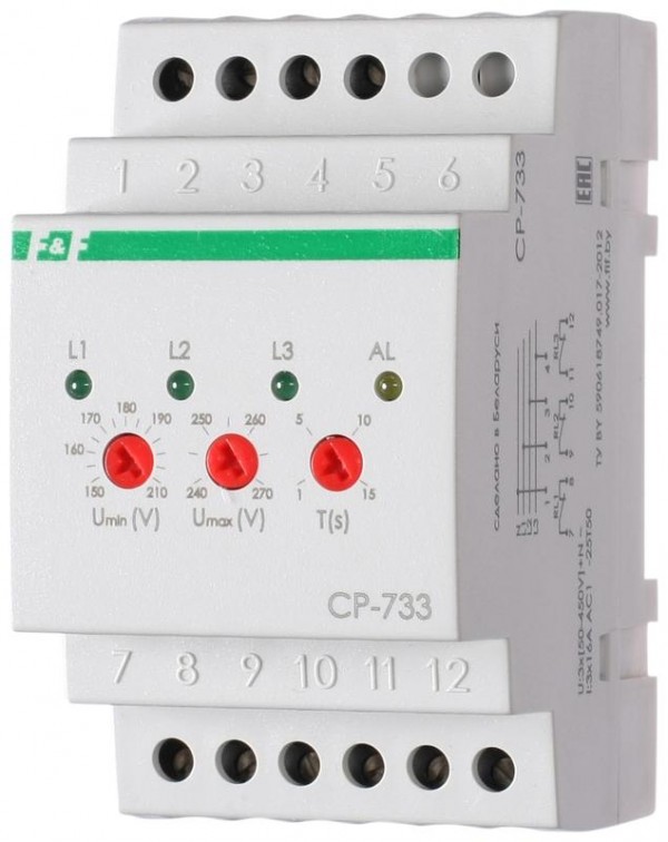  Реле напряжения CP-733 (трехфазное; контроль нижнего (150-210В) и верхнего (240-270В) порога напряжения; отдельный контакт на каждую фазу; монтаж на DIN-рейке 35мм 3х400/230 N 3х8А 3х1Z IP20) F&F EA04.009.006 