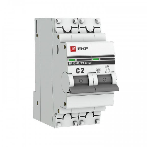  Выключатель автоматический модульный 2п C 2А 4.5кА ВА 47-63 PROxima EKF mcb4763-2-02C-pro 
