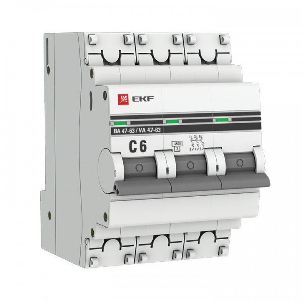  Выключатель автоматический модульный 3п C 6А 4.5кА ВА 47-63 PROxima EKF mcb4763-3-06C-pro 