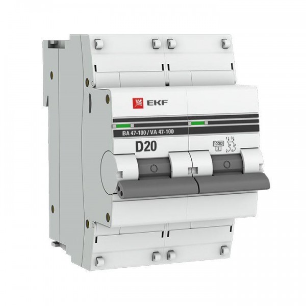  Выключатель автоматический 2п D 20А 10кА ВА 47-100 PROxima EKF mcb47100-2-20D-pro 