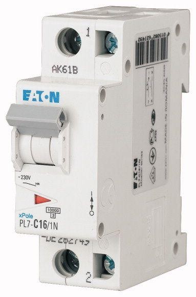  Выключатель автоматический модульный 2п (1P+N) C 16А 10кА PL7-C16/1N EATON 262749 