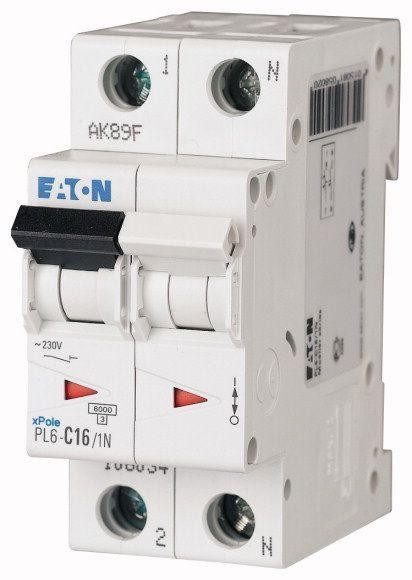  Выключатель автоматический модульный 2п (1P+N) C 16А 6кА PL6-C16/1N EATON 106034 