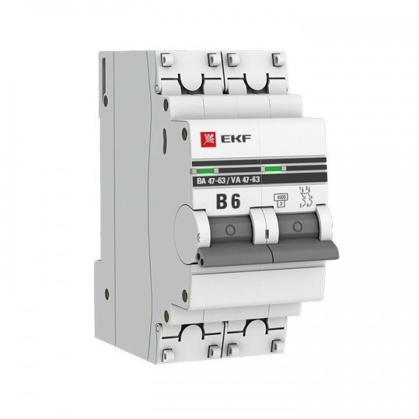  Выключатель автоматический модульный 2п B 6А 4.5кА ВА 47-63 PROxima EKF mcb4763-2-06B-pro 