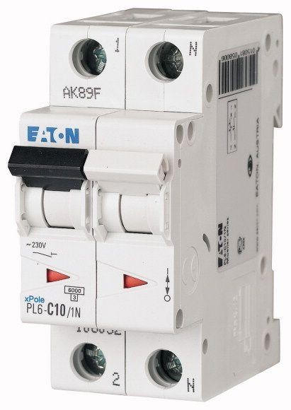  Выключатель автоматический модульный 2п (1P+N) C 10А 6кА PL6 EATON 106032 