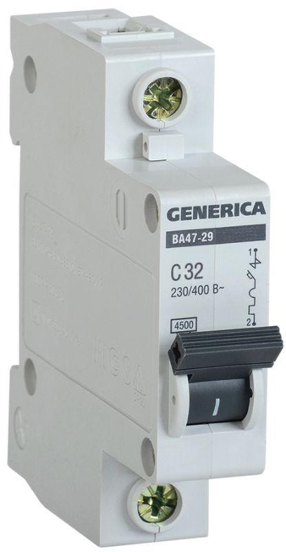  Выключатель автоматический модульный 1п C 32А 4.5кА ВА47-29 GENERICA IEK MVA25-1-032-C 