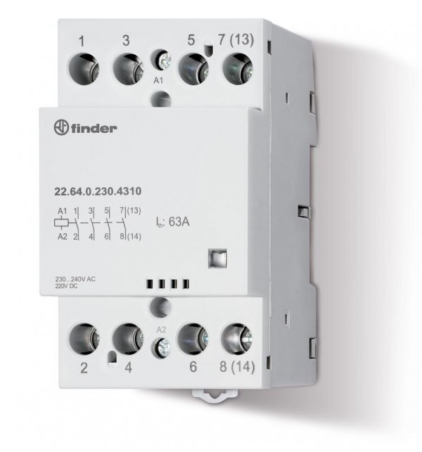  Контактор модульный 3NO+1NC 63А (зеркальные EN 60947-4-1) AgSnO2 24В AC/DC 53.5мм IP20 опции: мех.индикатор FINDER 226400244717PAS 