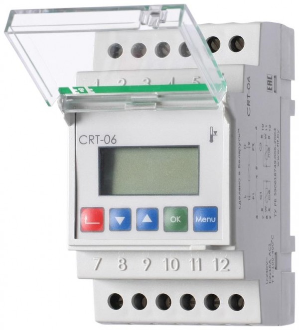  Регулятор температуры CRT-06 (от -100 до +400 град.C; микропроцессорный; многофункц.; ЖКИ индикация; с возможностью подкл. двух выносных датчиков РТ100; монтаж на DIN-рейке 35мм 230В AC 16А 2х1Z IP20) F&F EA07.001.011 