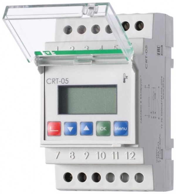  Регулятор температуры CRT-05 (от -100 до +400 град.C; микропроцессорный; многофункц.; ЖКИ индикация; с возможностью подкл. выносного датчика РТ100; монтаж на DIN-рейке 35мм 230В AC 16А 1P IP20) F&F EA07.001.010 