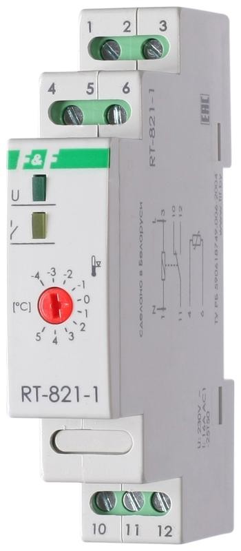 Регулятор температуры RT-821.1 (от -4 до +5 град.C; выносной датчик; гистерезис 30 град.C; монтаж на DIN-рейке 35мм 230В 16А 1P IP20) F&F EA07.001.004 