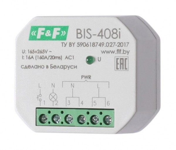  Реле импульсное BIS-408i (установка в монтажную коробку d60мм; для нагрузки с больш. пусков. током (160А/20мс)) F&F EA01.005.015 