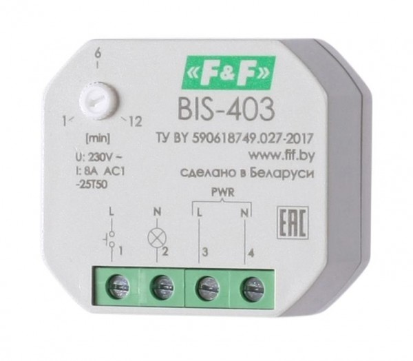  Реле импульсное BIS-403 (230В 8А 1Z с лестничным автоматом в монтаж. коробку d60мм) F&F EA01.005.004 