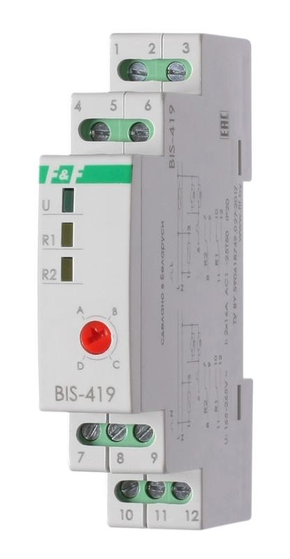  Реле импульсное BIS-419 (4 функции управление двумя нагрузками монтаж на DIN-рейке 230В 16А 2NO/NC IP20) F&F EA01.005.012 