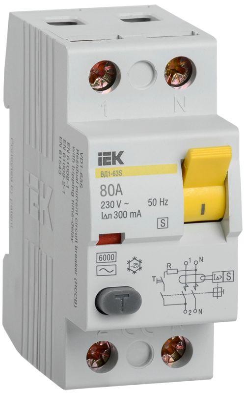  Выключатель дифференциального тока (УЗО) 2п 80А 300мА тип ACS ВД1-63S IEK MDV12-2-080-300 