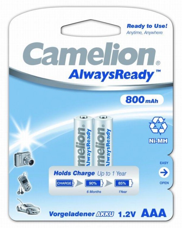  Аккумулятор AAA-800мА.ч Ni-Mh Always Ready BL-2 (NH-AAA800ARBP2 1.2В) (уп.2шт.) Camelion 7965 