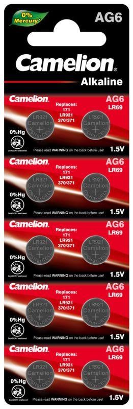  Элемент питания алкалиновый "таблетка" G 6 Mercury Free AG6-BP0%Hg 371A/LR920/171 BL-10 (блист.10шт) Camelion 12814 