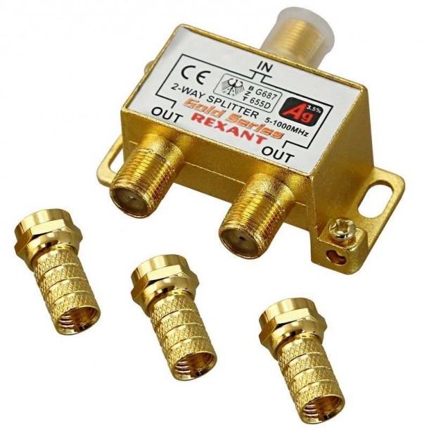  Делитель ТВ "краб" x2+3шт.F "BOX" 5-1000 МГц "GOLD" Rexant 05-6101-1 