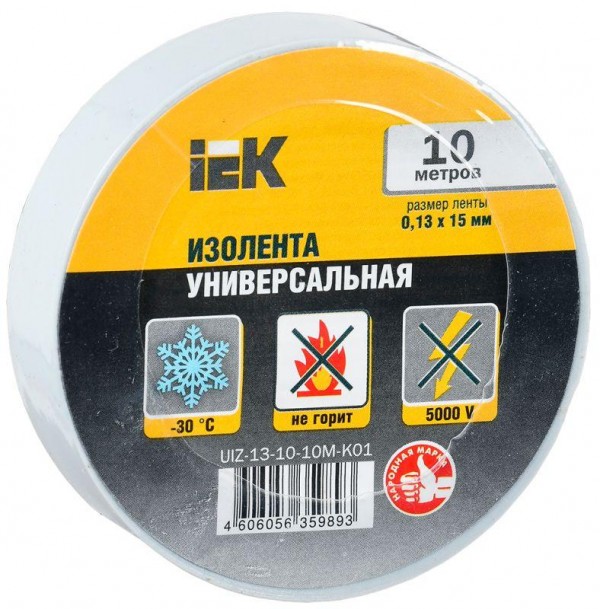 Изолента ПВХ 0.13х15мм (рул.10м) бел. ИЭК UIZ-13-10-10M-K01 