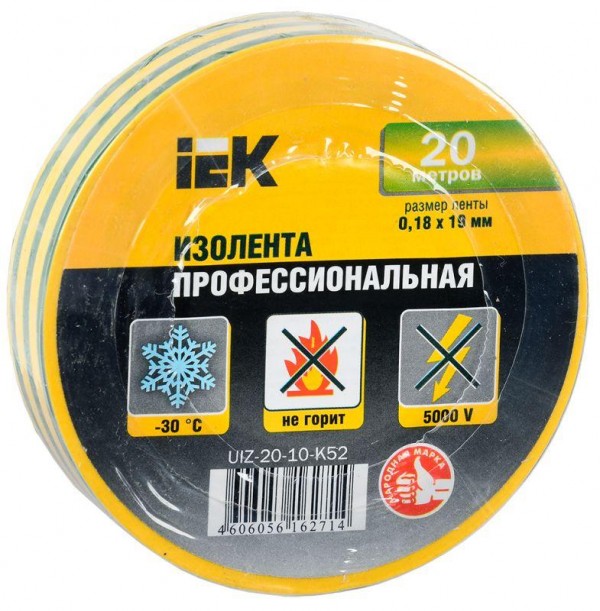  Изолента ПВХ 0.18х19мм желт./зел. (рул.20м) ИЭК UIZ-20-10-K52 
