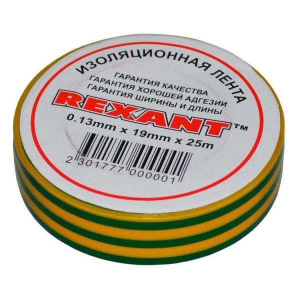  Изолента 19мм (рул.25м) желт./зел. REXANT 09-2207 