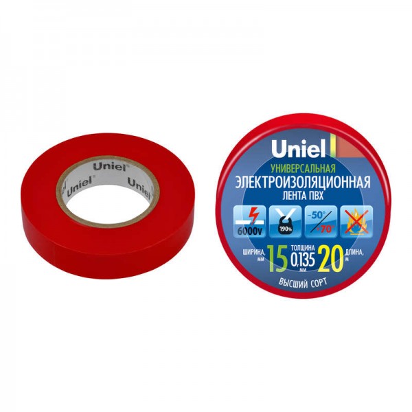  Лента изоляционная UIT-135P 20/15/01 RED 20м/15мм крас. Uniel 04487 