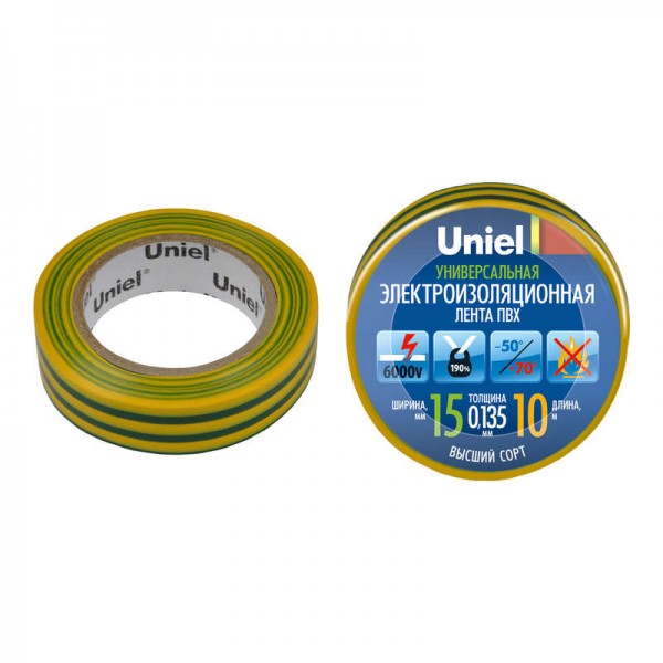  Лента изоляционная UIT-135P 10/15/01 YGR 0.135х15 10м желт./зел. Uniel 04516 