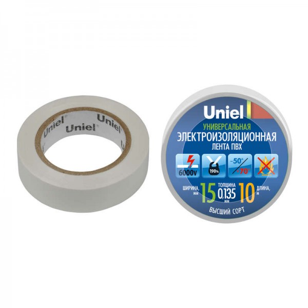  Лента изоляционная UIT-135P 10/15/01 WHT 0.135х15 10м бел. Uniel 04514 