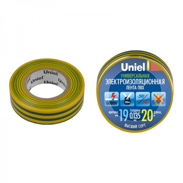  Лента изоляционная UIT-135P 20/19/01 YGR 20м 19мм 0.135мм желт./зел. Uniel 04483 